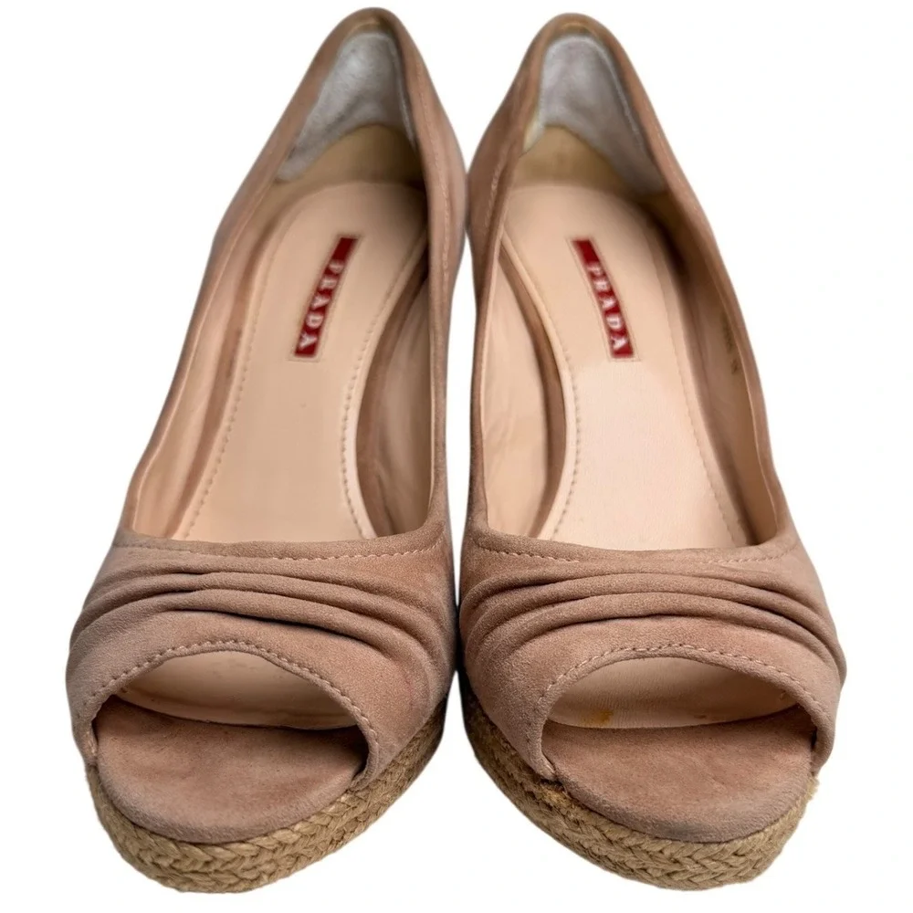 Authentic Prada 3KZ033 Nude Suede Cork Espadrille Wedge‎ Heels EU 38 US 7.5 8